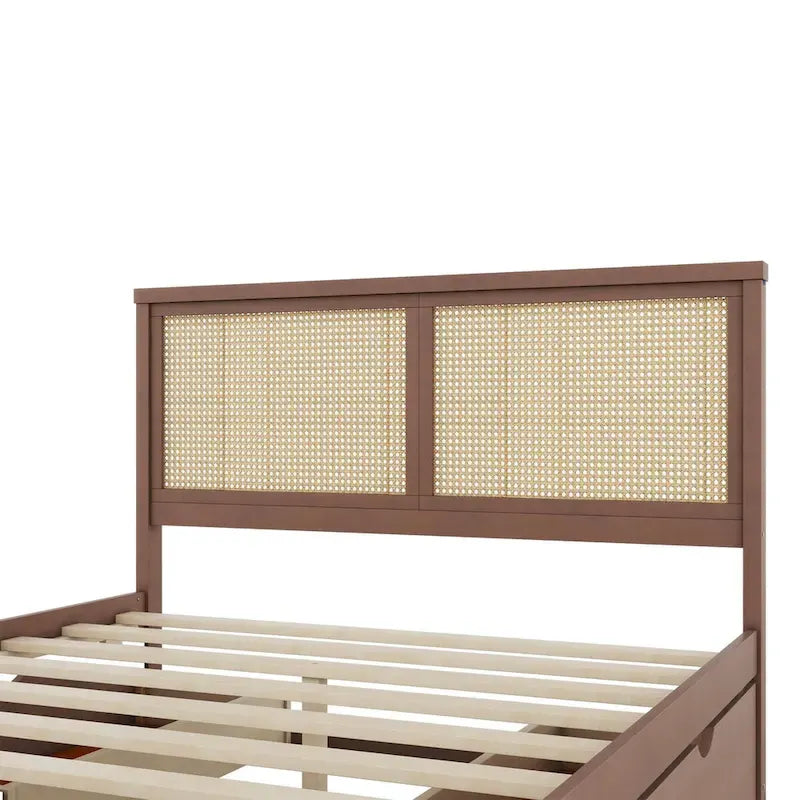 Letto a piattaforma con testiera in rattan e 4 cassetti portaoggetti