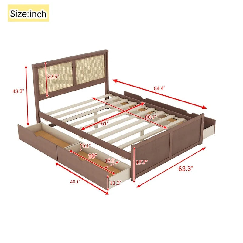Letto a piattaforma con testiera in rattan e 4 cassetti portaoggetti