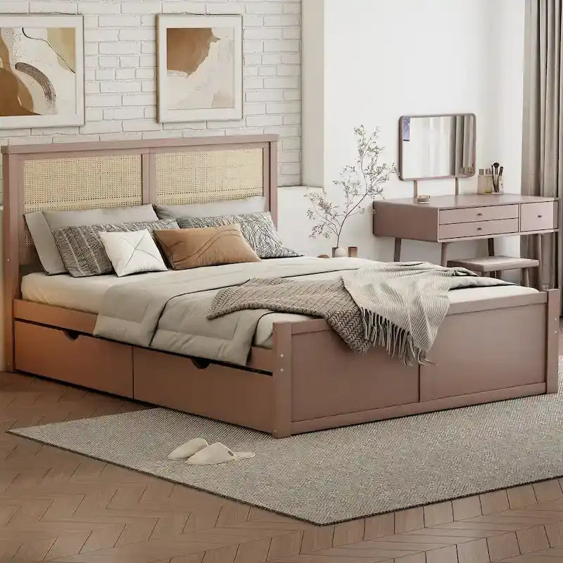 Letto a piattaforma con testiera in rattan e 4 cassetti portaoggetti