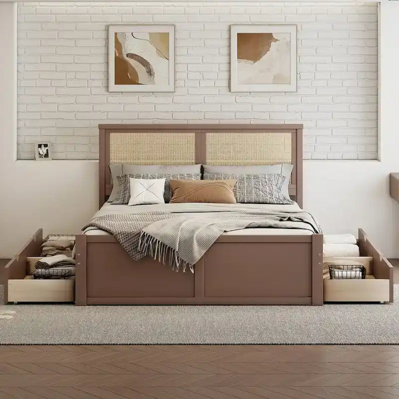 Letto a piattaforma con testiera in rattan e 4 cassetti portaoggetti