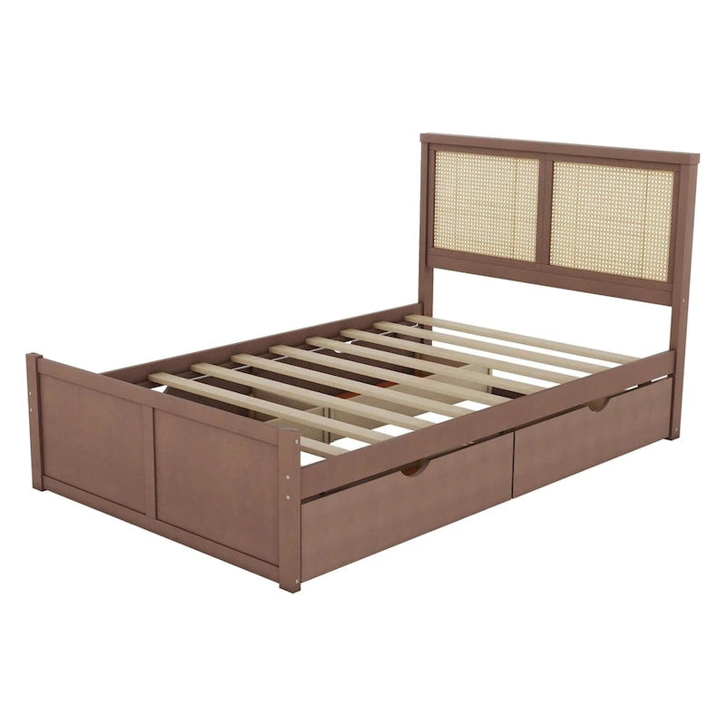 Letto a piattaforma con testiera in rattan e 4 cassetti portaoggetti