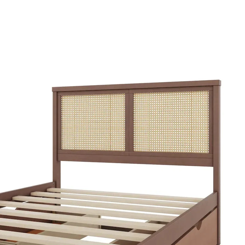 Letto a piattaforma con testiera in rattan e 4 cassetti portaoggetti