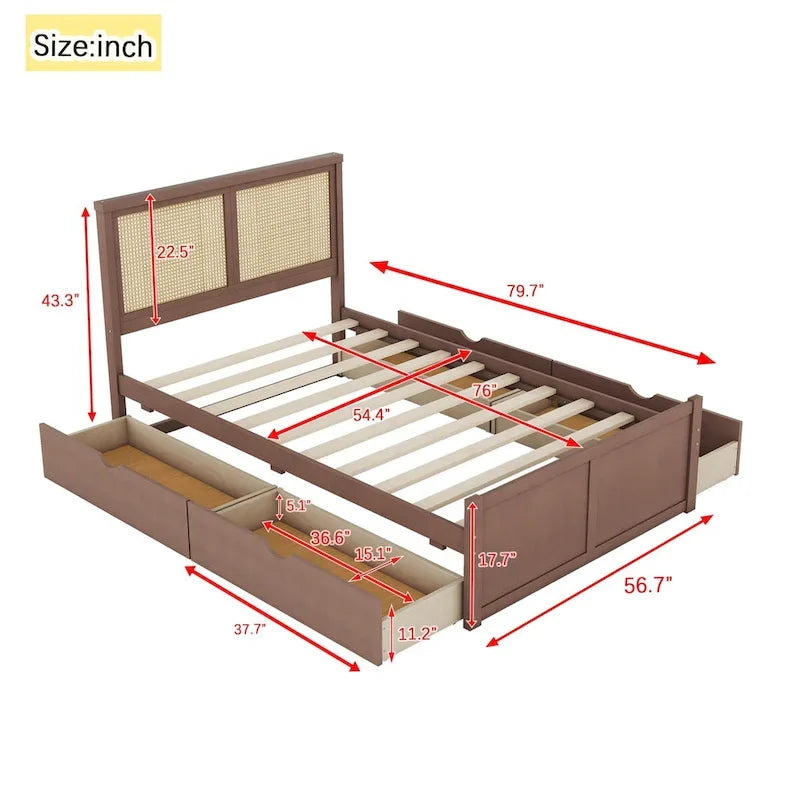 Letto a piattaforma con testiera in rattan e 4 cassetti portaoggetti