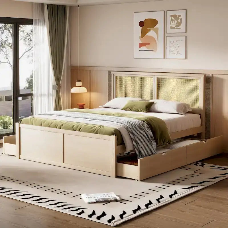 Letto a piattaforma con testiera in rattan e 4 cassetti portaoggetti