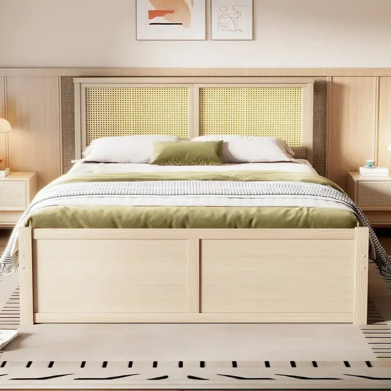 Letto a piattaforma con testiera in rattan e 4 cassetti portaoggetti
