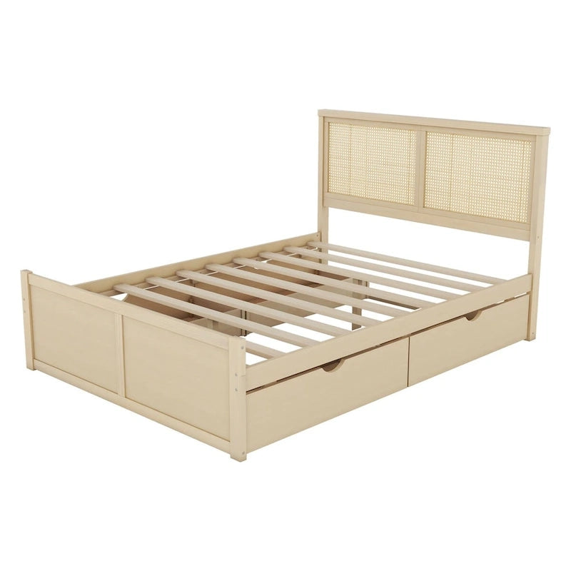 Letto a piattaforma con testiera in rattan e 4 cassetti portaoggetti