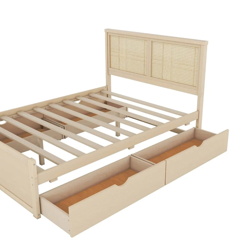 Letto a piattaforma con testiera in rattan e 4 cassetti portaoggetti
