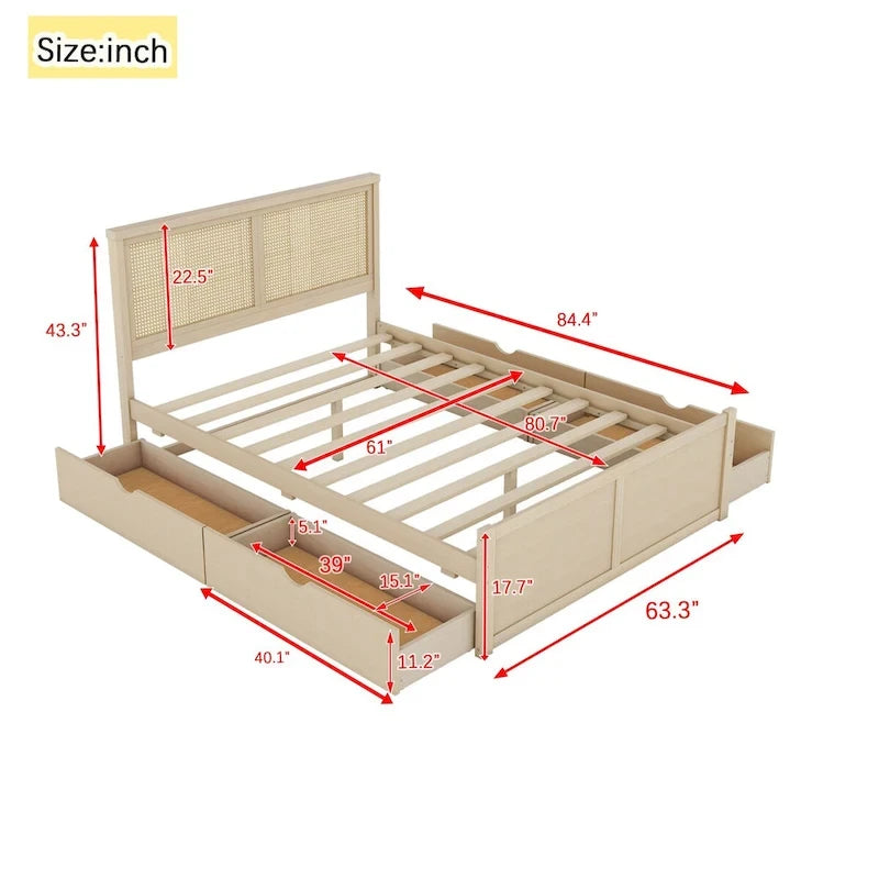 Letto a piattaforma con testiera in rattan e 4 cassetti portaoggetti