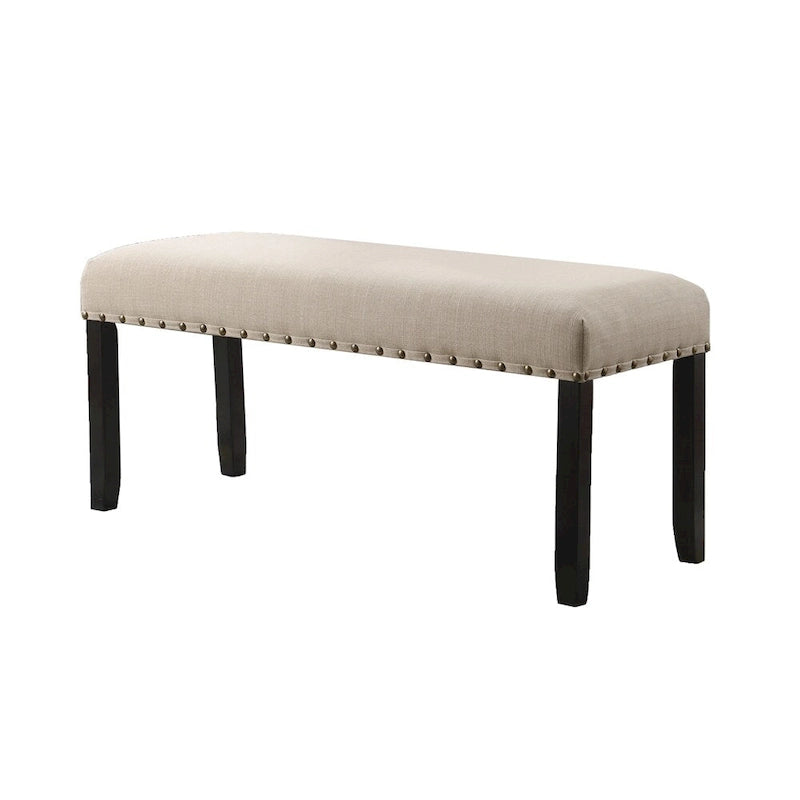 Banco de comedor de tela con ribete de tachuelas y estructura de madera