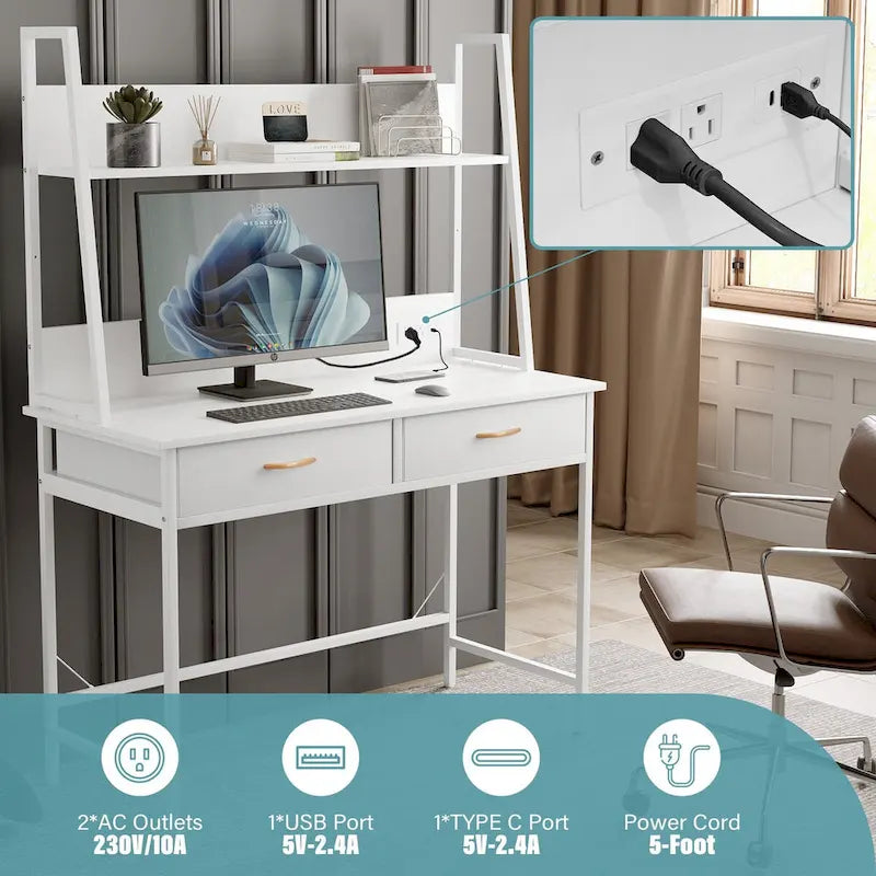 Scrivania da computer con prese di corrente, cassetti e ripiano portaoggetti, postazione di lavoro per l'ufficio domestico