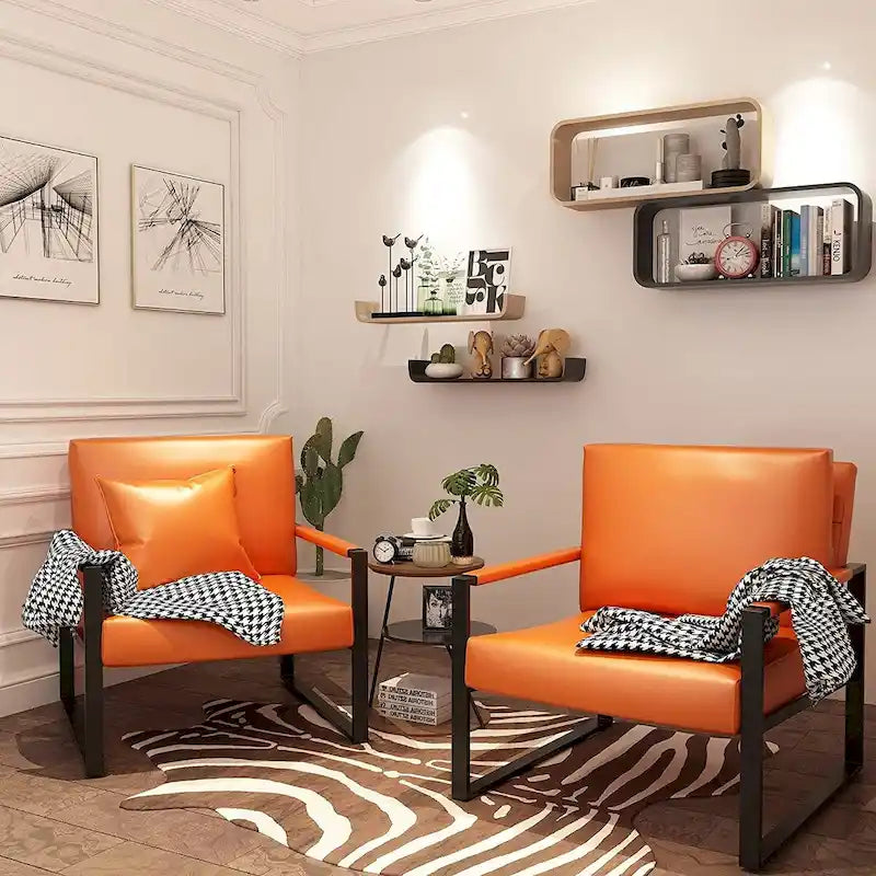 Sillón moderno de cuero naranja con cojín de respaldo acolchado extragrueso, sillón decorativo individual para la sala