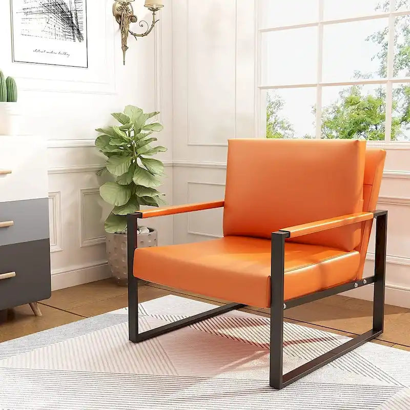 Sillón moderno de cuero naranja con cojín de respaldo acolchado extragrueso, sillón decorativo individual para la sala