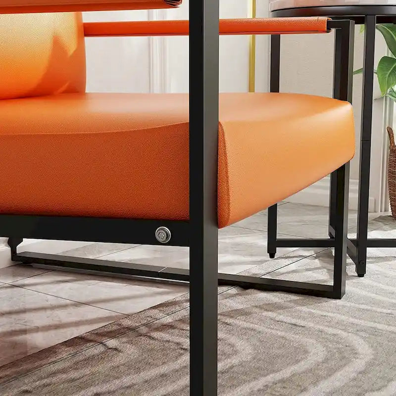 Sillón moderno de cuero naranja con cojín de respaldo acolchado extragrueso, sillón decorativo individual para la sala