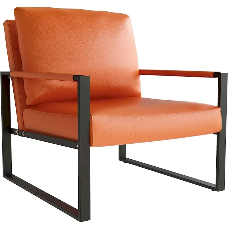 Sillón moderno de cuero naranja con cojín de respaldo acolchado extragrueso, sillón decorativo individual para la sala