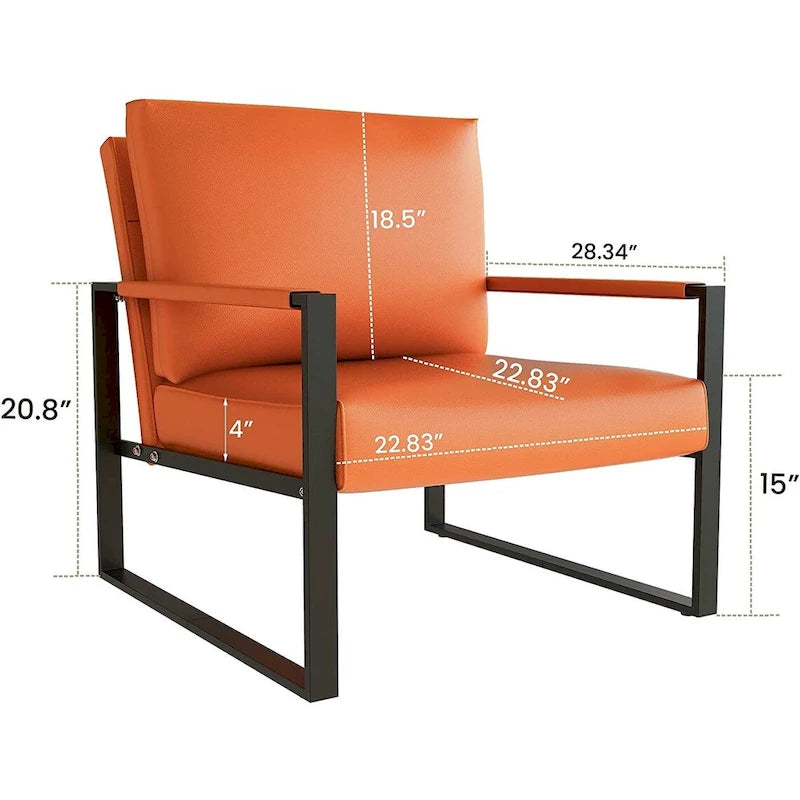 Sillón moderno de cuero naranja con cojín de respaldo acolchado extragrueso, sillón decorativo individual para la sala