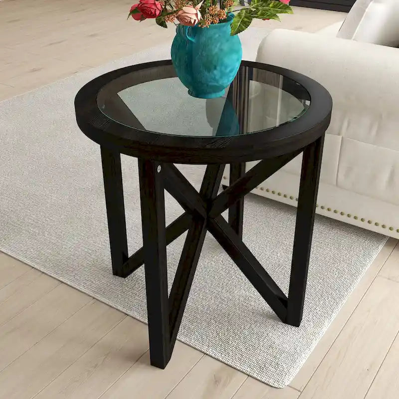 Mesa de centro de vidrio templado con base de madera maciza y cubierta de vidrio redonda transparente