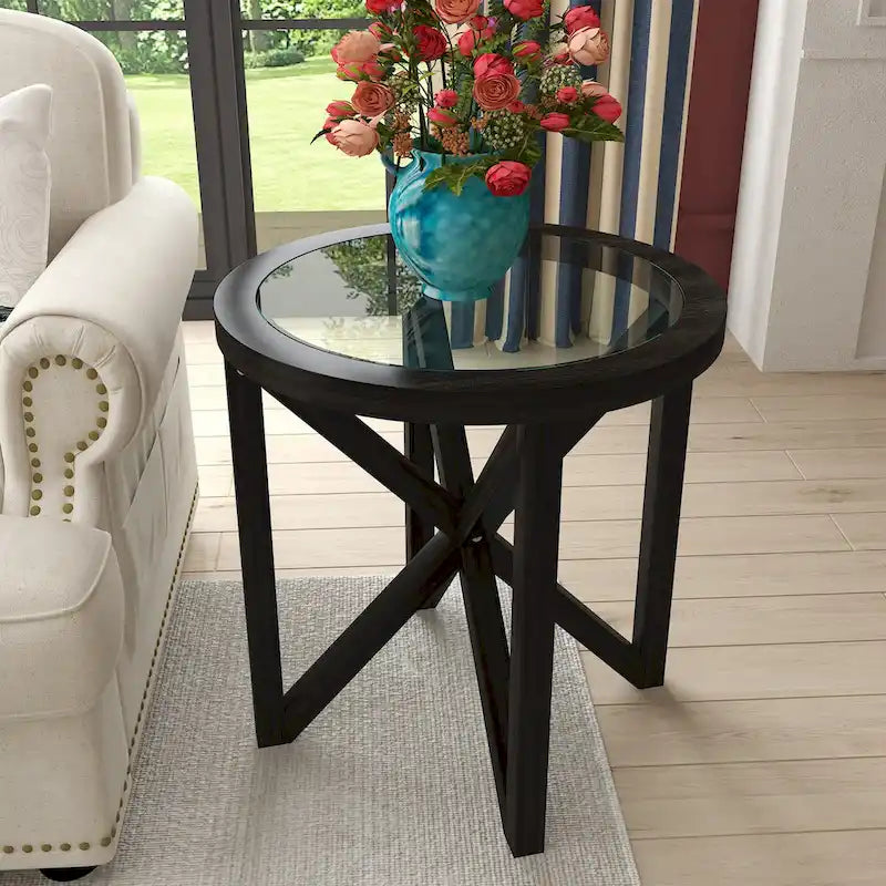 Mesa de centro de vidrio templado con base de madera maciza y cubierta de vidrio redonda transparente