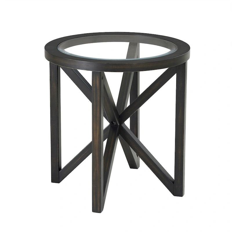 Mesa de centro de vidrio templado con base de madera maciza y cubierta de vidrio redonda transparente