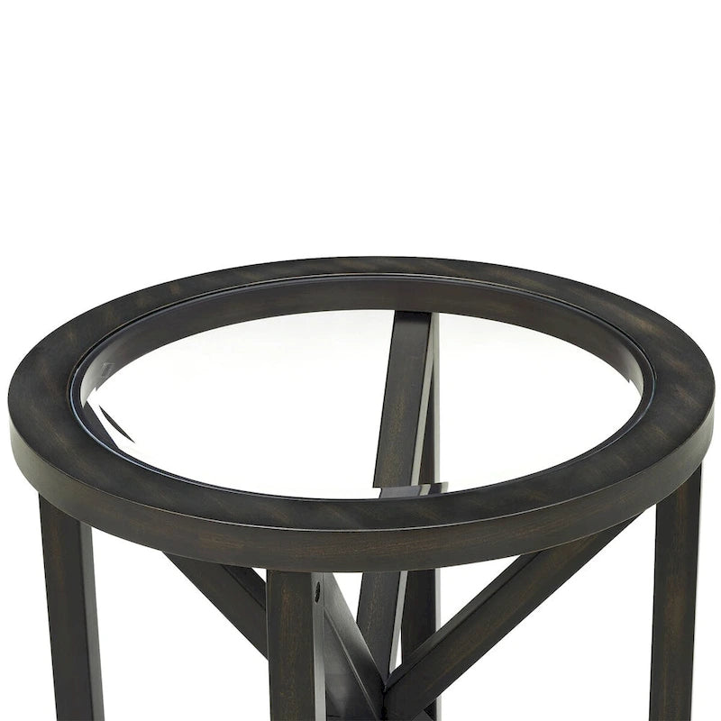 Mesa de centro de vidrio templado con base de madera maciza y cubierta de vidrio redonda transparente