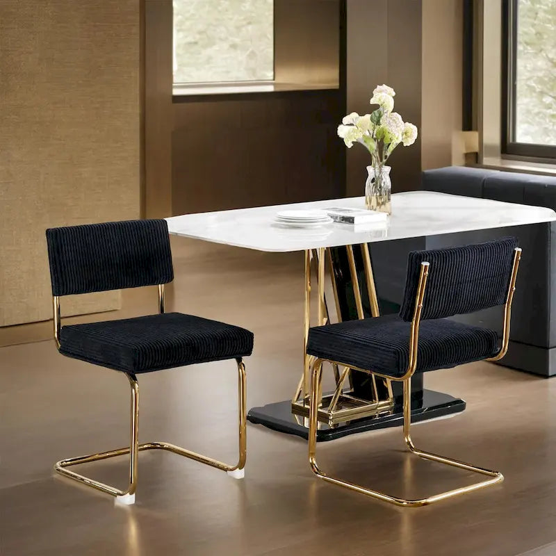 Sillas de comedor modernas con tela de pana, base de metal dorado, sillas de cocina con capitoné acanalado, sillas auxiliares, juego de 2