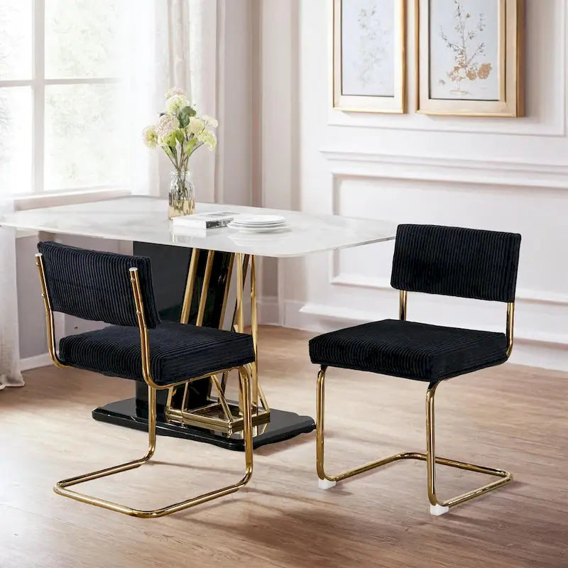 Sillas de comedor modernas con tela de pana, base de metal dorado, sillas de cocina con capitoné acanalado, sillas auxiliares, juego de 2