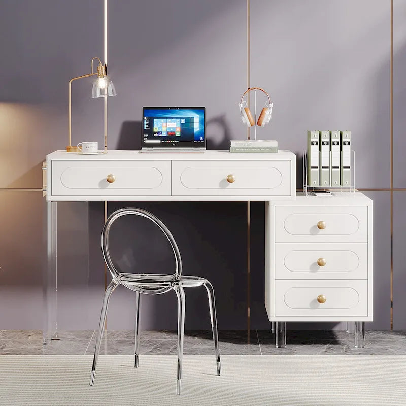 Scrivania moderna per computer con 5 cassetti e base in acrilico