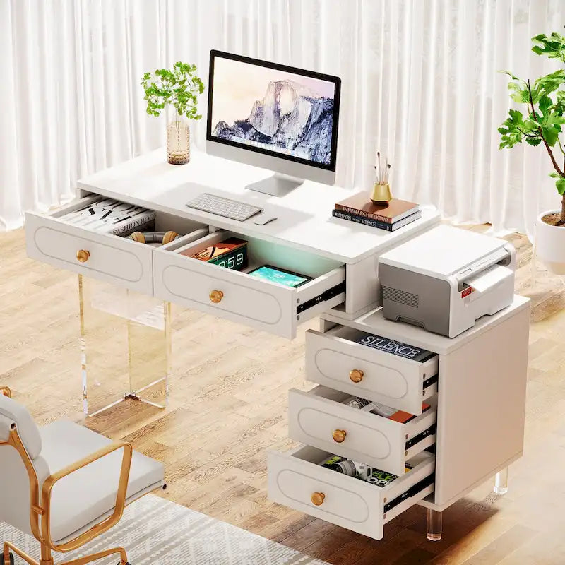 Scrivania moderna per computer con 5 cassetti e base in acrilico
